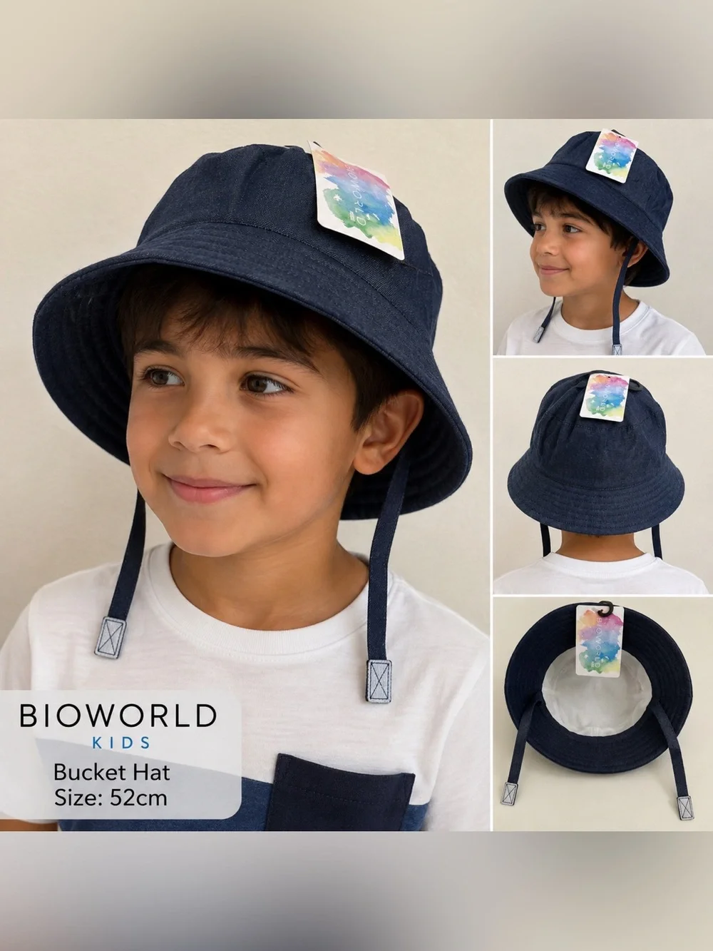 Bioworld Kids Navy Blue Bucket Hat 52cm Chin Straps NWT
